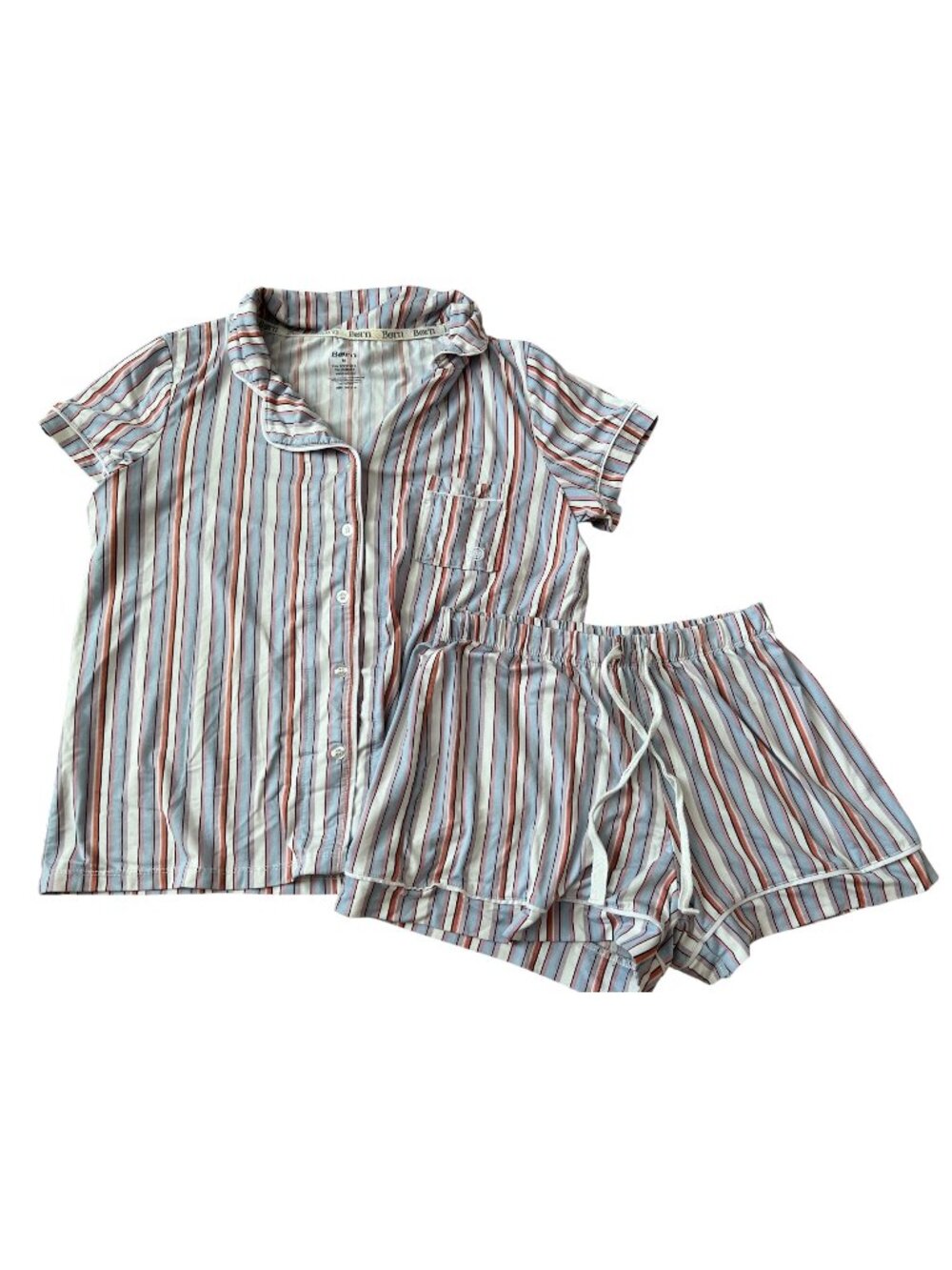 Born Blue Striped Pajama Set Short Sleeve Top and Shorts Women's Size M